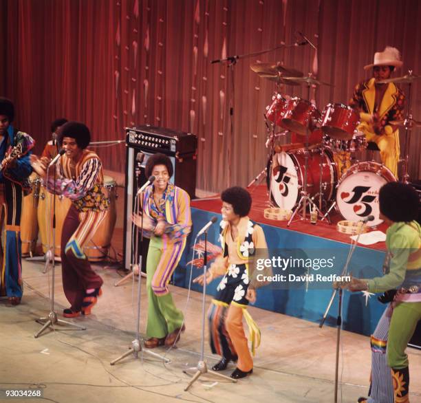 Tito, Jackie, Marlon, Michael and Jermaine Jackson of the Jackson Five perform on stage at the Palladium in London, England in November 1972.