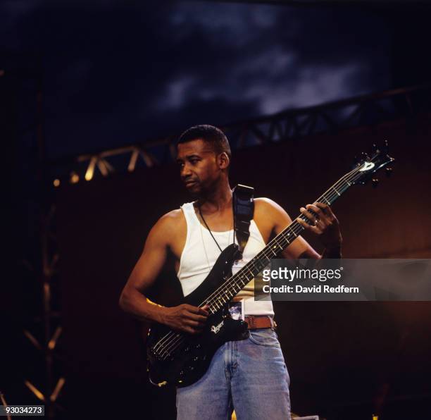 Bass player Alphonso Johnson, playing a Vigier 5 string bass, performs on stage at the Jazz A Vienne Festival held in Vienne, France in July 1996.