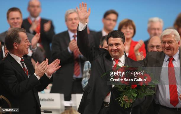 Sigmar Gabriel , waves after being elected new Chairman of the German Social Democratic Party at the SPD party congress as outgoing Chairman Franz...