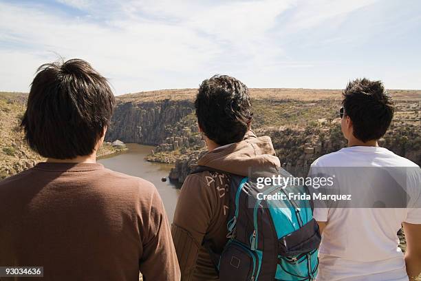 three friends standing on mountain, san jose de gracia, aguascalientes, mexico - aguas calientes stock pictures, royalty-free photos & images