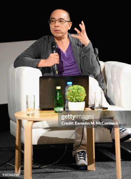 Director Apichatpong Weerasethakul speaks on stage during his Masterclass on day three of Qumra, the fourth edition of the industry event by the Doha...