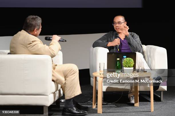 Director Apichatpong Weerasethakul speaks on stage during his Masterclass on day three of Qumra, the fourth edition of the industry event by the Doha...