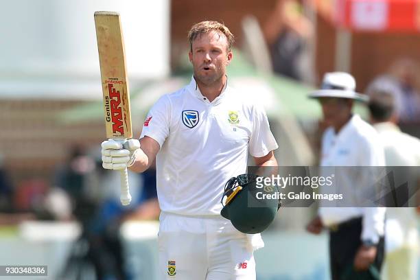 De Villiers of South Africa celebrates scoring 100 runs during day 3 of the 2nd Sunfoil Test match between South Africa and Australia at St Georges...