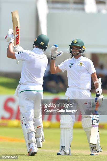 Keshav Maharaj of South Africa celebrate with AB de Villiers of South Africa after scoring 100 runs during day 3 of the 2nd Sunfoil Test match...