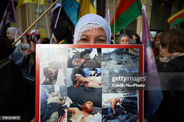 Kurds demonstrate to pay tribute to French fighter Kendal Breizh killed by turkish forces in Afrin. They also protest against the turkish attack on...