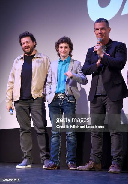 Actors Danny McBride, Montana Jordan and Josh Brolin take part in a Q&A following the "The Legacy of a Whitetail Deer Hunter " premiere during the...