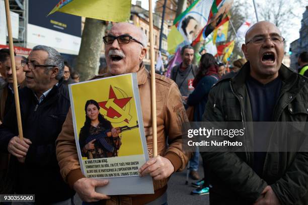 Kurds demonstrate to pay tribute to French fighter Kendal Breizh killed by turkish forces in Afrin. They also protest against the turkish attack on...