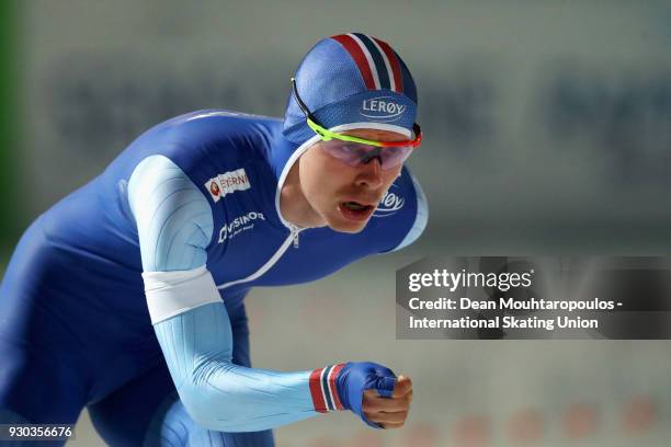 Simen Spieler Nilsen of Norway competes in the 5000m Mens race during the World Allround Speed Skating Championships at the Olympic Stadium on March...