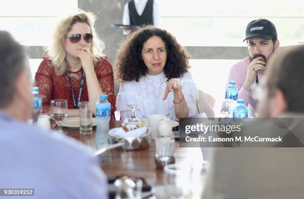 Cara Cusumano from the Tribeca Film Festival and moderator Hayet Benkara speaks during the working breakfast session "Who is Interested in...