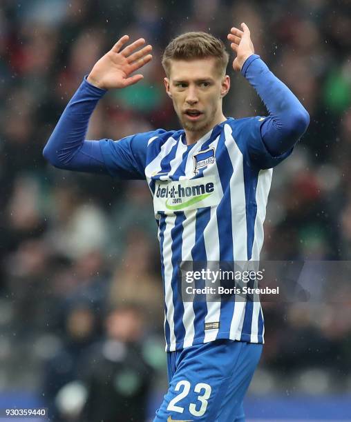 Mitchell Weiser of Hertha BSC reacts during the Bundesliga match between Hertha BSC and Sport-Club Freiburg at Olympiastadion on March 10, 2018 in...