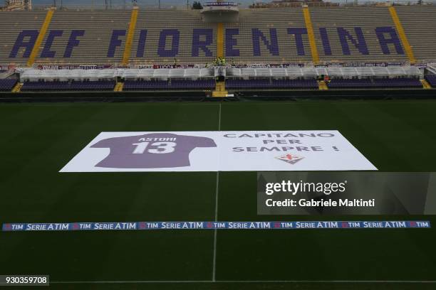 Banner of ACF Fiorentina in memory of Davide Astori during the serie A match between ACF Fiorentina and Benevento Calcio at Stadio Artemio Franchi on...