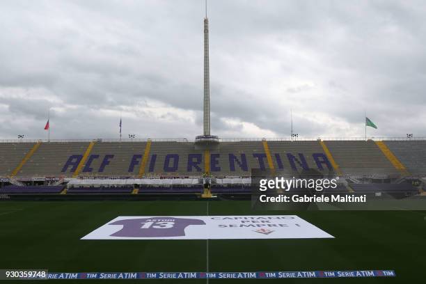 Banner of ACF Fiorentina in memory of Davide Astori during the serie A match between ACF Fiorentina and Benevento Calcio at Stadio Artemio Franchi on...