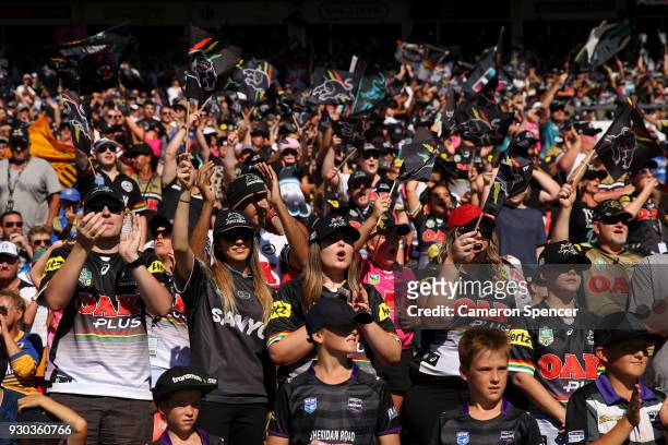Panthers fans show their colours during the round one NRL match between the Penrith Panthers and the Parramatta Eels at Panthers Stadium on March 11,...