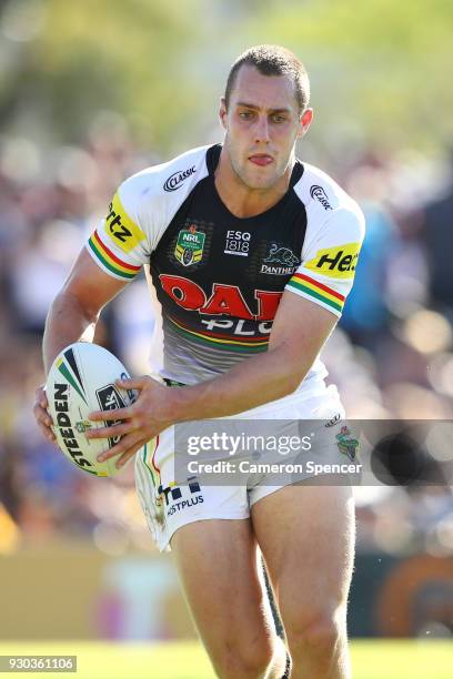 Isaah Yeo of the Panthers runs the ball during the round one NRL match between the Penrith Panthers and the Parramatta Eels at Panthers Stadium on...