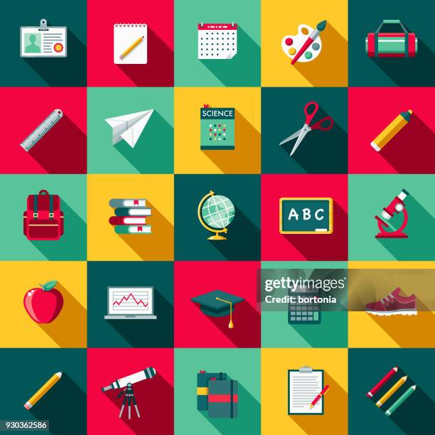 ilustraciones, imágenes clip art, dibujos animados e iconos de stock de escuela suministros diseño plano conjunto de iconos con sombra lateral - back to school