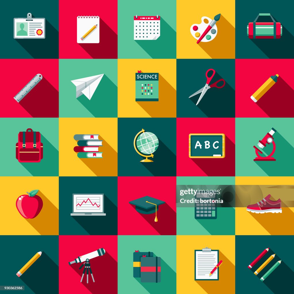 School Supplies Flat Design Icon Set with Side Shadow