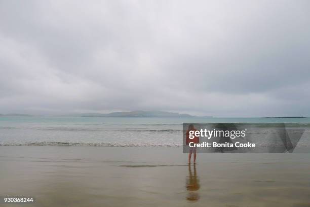 girl at the beach on a rainy day, alone except for hector's dolphins in the water, porpoise bay, curio bay, the catlins - hector dolphin stock pictures, royalty-free photos & images