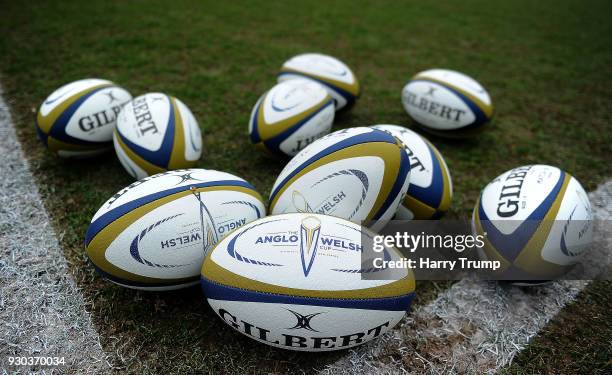 Detailed view of training balls during the Anglo-Welsh Cup Semi Final match between Exeter Chiefs and Newcastle Falcons at Sandy Park on March 11,...