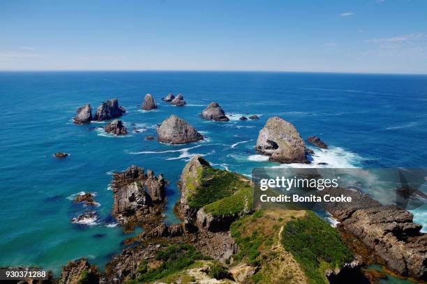 the nuggets, rocks near the shore at nugget point lighthouse, in the catlins - nugget point imagens e fotografias de stock