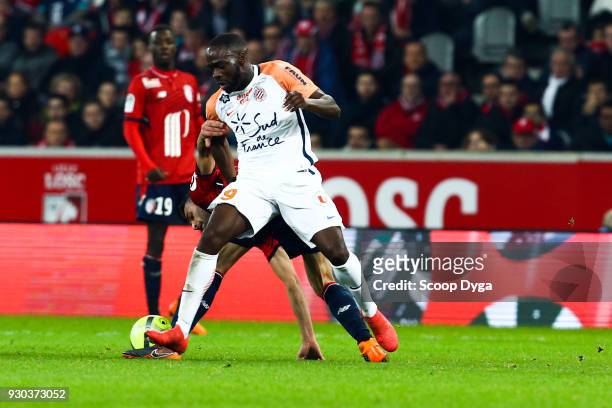 Jonathan Ikone of Montpellier during the Ligue 1 match between Lille OSC and Montpellier Herault SC at Stade Pierre Mauroy on March 10, 2018 in...