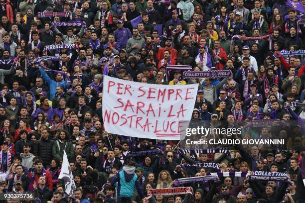 Fiorentina's supporters pay tribute to late Fiorentina captain Davide Astori with giant banners on March 11, 2018 before the Italian Serie A football...