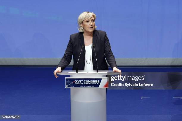 French far-right party Front National president Marine Le Pen speaks during her party's congress on March 11, 2018 in Lille, north of France, after...