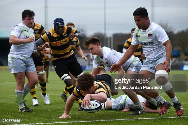 Alfie Barbeary of Wasps scores a try during the Premiership Rugby U18s Academy 3rd/4th Place off game between Saracens U18 and Wasps U18 at Allianz...