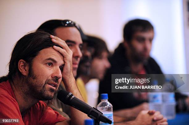 Spanish Grammy awarded group "Jarabe de Palo" singer Pau Dones speaks during a press conference to launch their album "Orquesta reciclando" in...