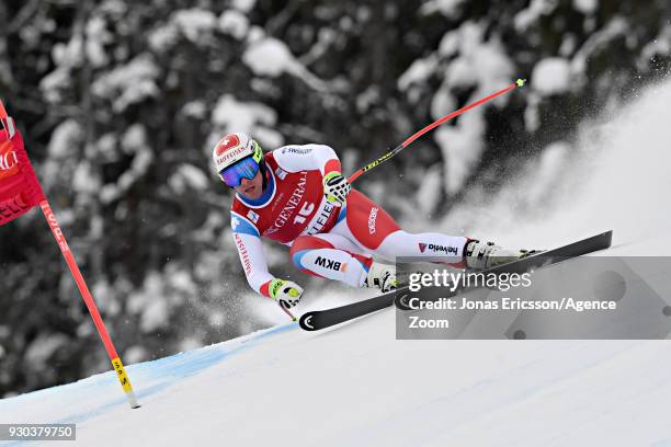 Beat Feuz of Switzerland takes 2nd place during the Audi FIS Alpine Ski World Cup Men's Super G on March 11, 2018 in Kvitfjell, Norway.