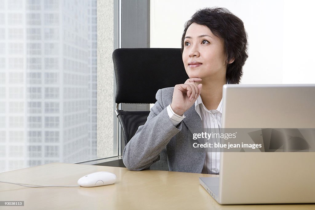 Businesswoman uses laptop in a well-lit, sunny office.