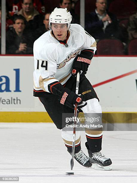 Joffrey Lupul of the Anaheim Ducks plays the puck against the New Jersey Devils during their game at the Prudential Center on November 11, 2009 in...