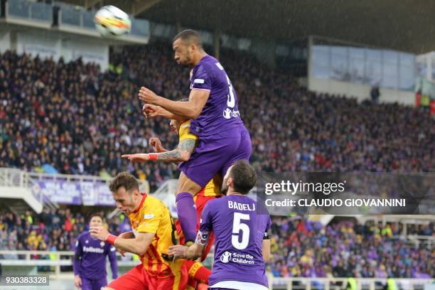 Fiorentina's defender Vitor Hugo scores on March 11, 2018 during the Italian Serie A football match Fiorentina vs Benevento at the Artemio Franchi...