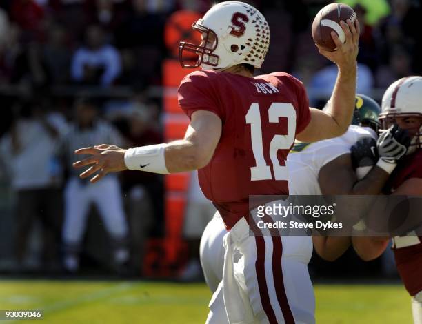 Quarterback Andrew Luck of the Stanford Cardinal throws a pass in the first quarter of the game against the Oregon Ducks at Stanford Stadium on...