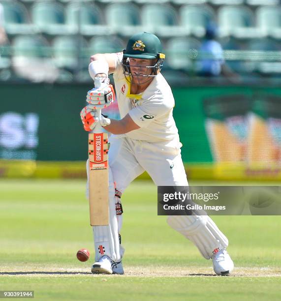 David Warner of Australia plays a shot during day 3 of the 2nd Sunfoil Test match between South Africa and Australia at St Georges Park on March 11,...