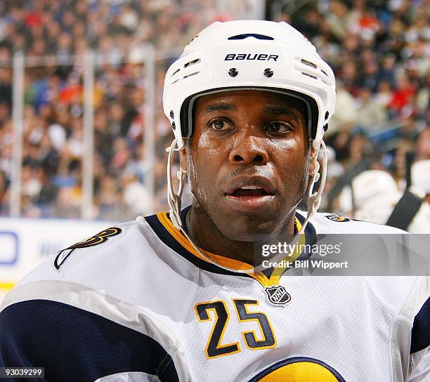Michael Grier of the Buffalo Sabres watches the action against the Philadelphia Flyers on November 6, 2009 at HSBC Arena in Buffalo, New York.