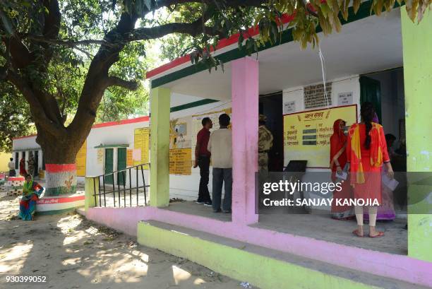 Indian voters wait to cast their ballots during a by-election for the Phulpur Lok Sabha seat on the outskirts of Allahabad on March 11, 2018. The...