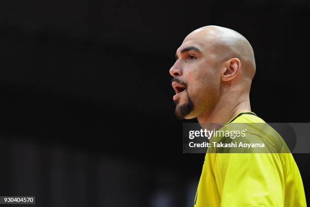 Robert Sacre of the Sun Rockers Shibuya looks on prior to the B.League game between Alvark Tokyo and Sun Rockers Shibuya at Arena Tachikawa Tachihi...