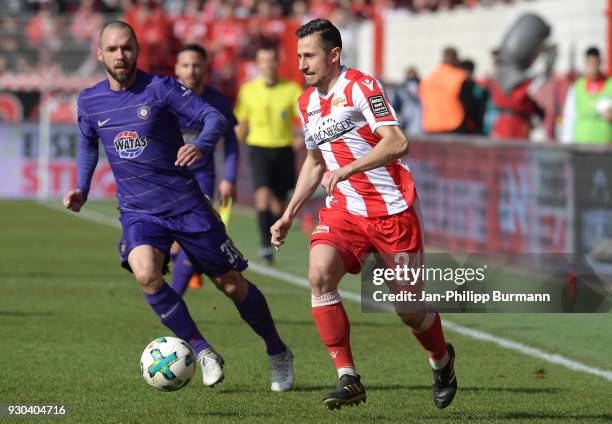 Christian Tiffert of Erzgebirge Aue and Steven Skrzybski of 1 FC Union Berlin during the 2nd Bundesliga game between Union Berlin and FC Erzgebirge...