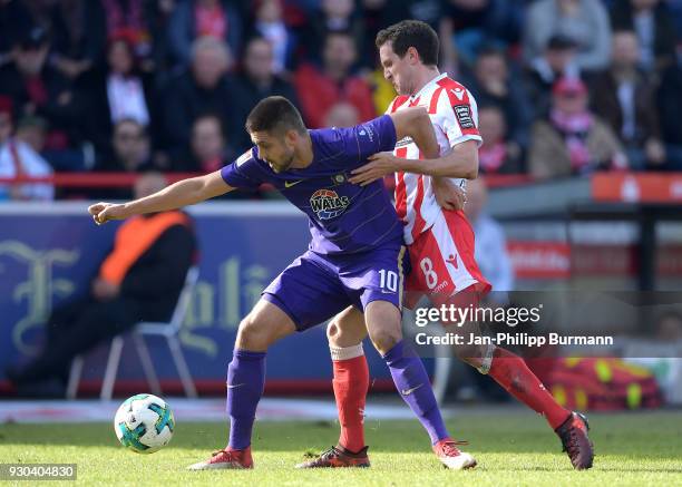 Dimitrij Nazarov of Erzgebirge Aue and Stephan Fuerstner of 1 FC Union Berlin during the 2nd Bundesliga game between Union Berlin and FC Erzgebirge...
