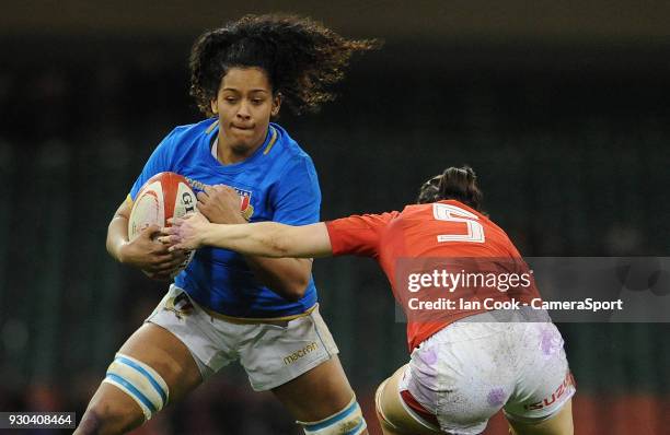 Italys Giada Franco takes on Wales Mel Clay during the Women's Six Nations Championship match between Wales Women and Italy Women at Principality...