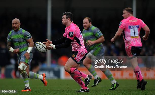 Ian Whitten of Exeter Chiefs spreads the play during the Anglo-Welsh Cup Semi Final match between Exeter Chiefs and Newcastle Falcons at Sandy Park...