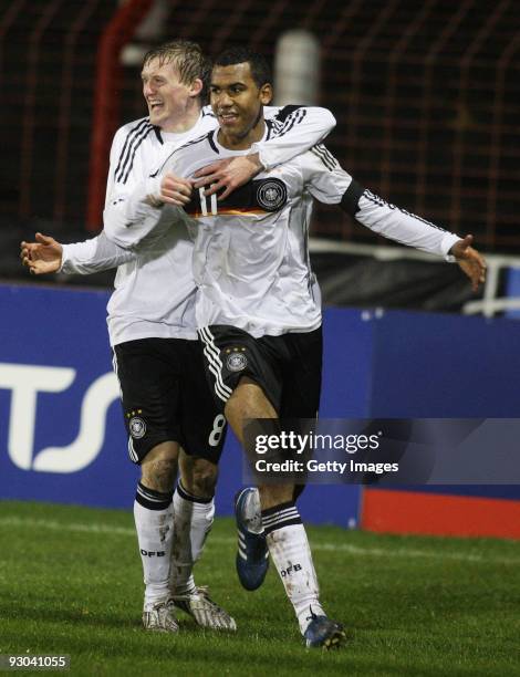 Eric Maxim Choupo-Moting celebrates his goal with team mate Andre Schuerrle of Germany during the U21 Championship Group 5 match between Nothern...