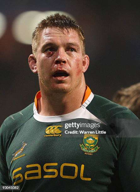 South African Captain John Smit looks on during the international match between France and South Africa at Stade Municipal on November 13, 2009 in...