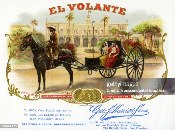 Cigar box label showing the Plaza de Armas in Havana with a volante, the popular Cuban carriage of the past, parked in the foreground, 1890. Printed...