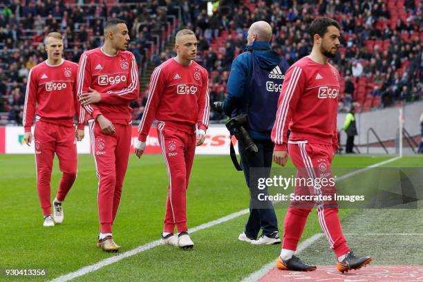 Noussair Mazraoui of Ajax, Noa Lang of Ajax, Amin Younes of Ajax during the Dutch Eredivisie match between Ajax v SC Heerenveen at the Johan Cruijff...