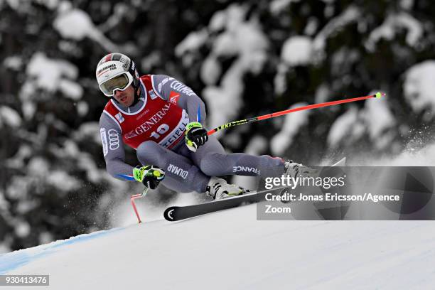Adrien Theaux of France competes during the Audi FIS Alpine Ski World Cup Men's Super G on March 11, 2018 in Kvitfjell, Norway.