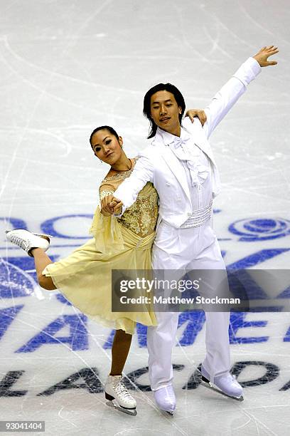 Xiaoyang Yu and Chen Wang of China compete in the Compulsory Dance during the Cancer.Net Skate America at Herb Brooks Arena on November 13, 2009 in...