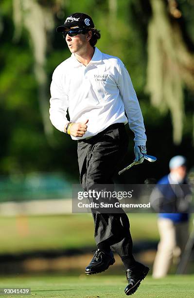 Kevin Streelman reacts to a shot from the fairway on the 17th hole during the second round of the Children's Miracle Network Classic at the Disney...