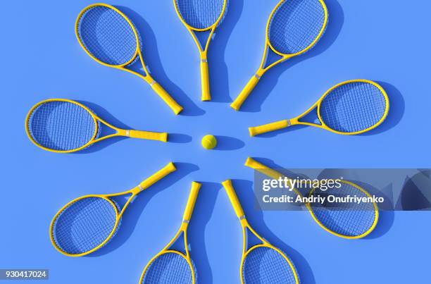 tennis rackets on court - tennis ball imagens e fotografias de stock