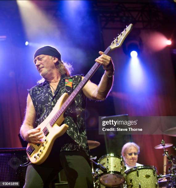 Roger Glover and Ian Paice of Deep Purple perform on stage at the LG Arena on November 13, 2009 in Birmingham, England.